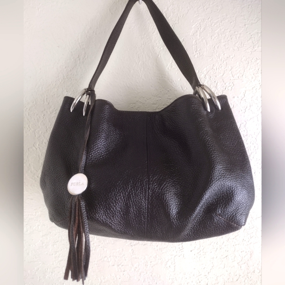 Furla Black Leather Shoulder Bag with Tassel